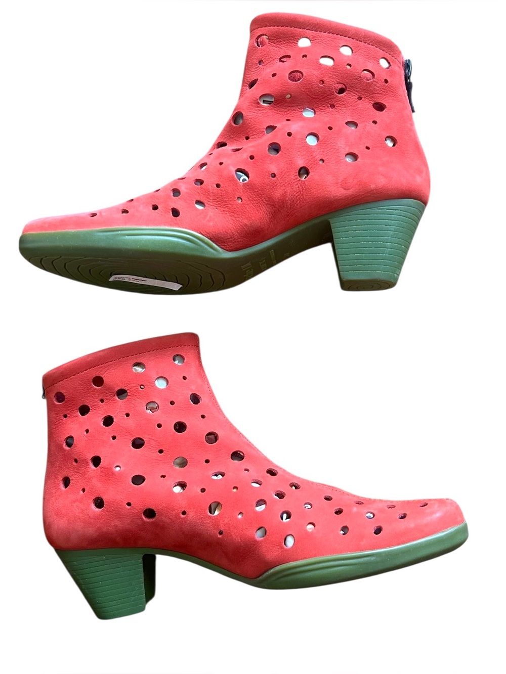 Arche France Red Green Watermelon Suede Perforated Ankle Boot Heel 39